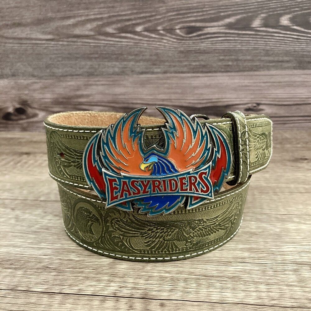Streets Ahead Olive Green Leather Belt with Multicolor Easyriders Buckle